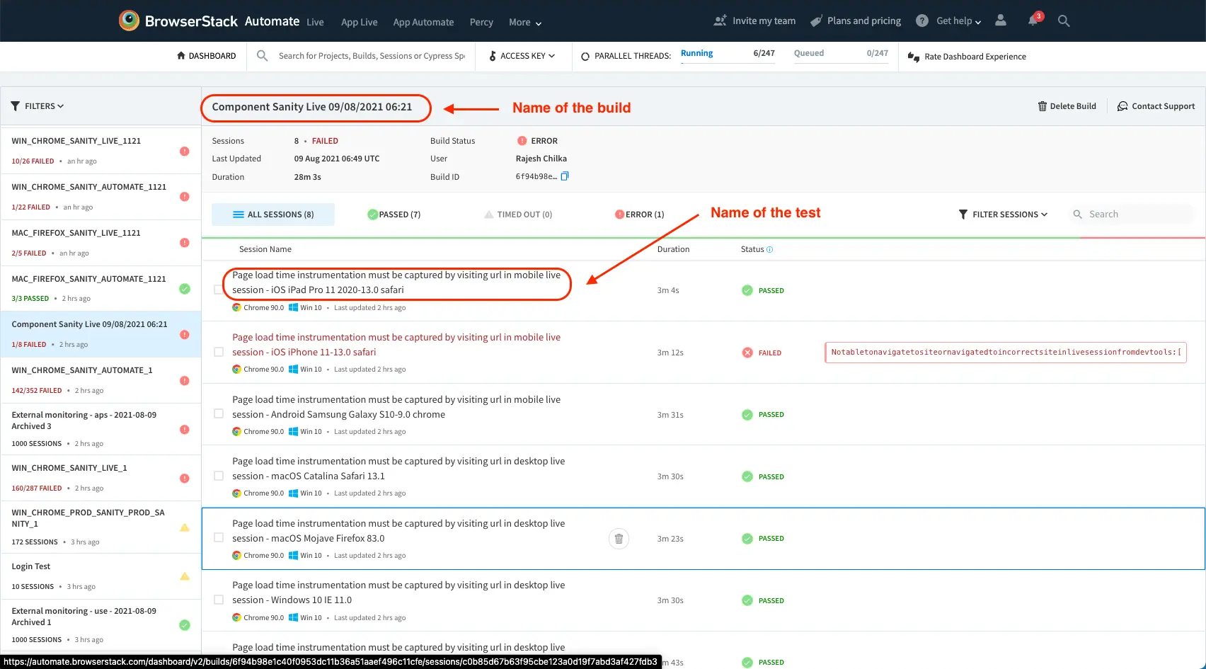 BrowserStack dashboard showing filter option