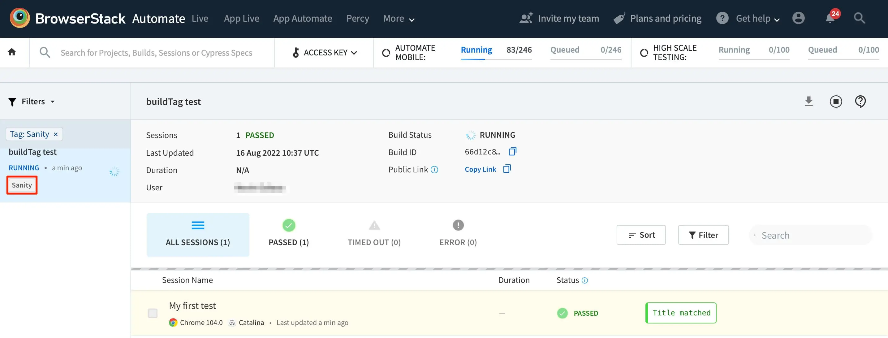 A sample Automate dashboard with a build tag highlighted