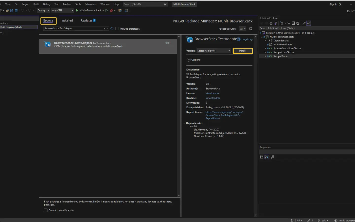 Install BrowserStack as NuGet