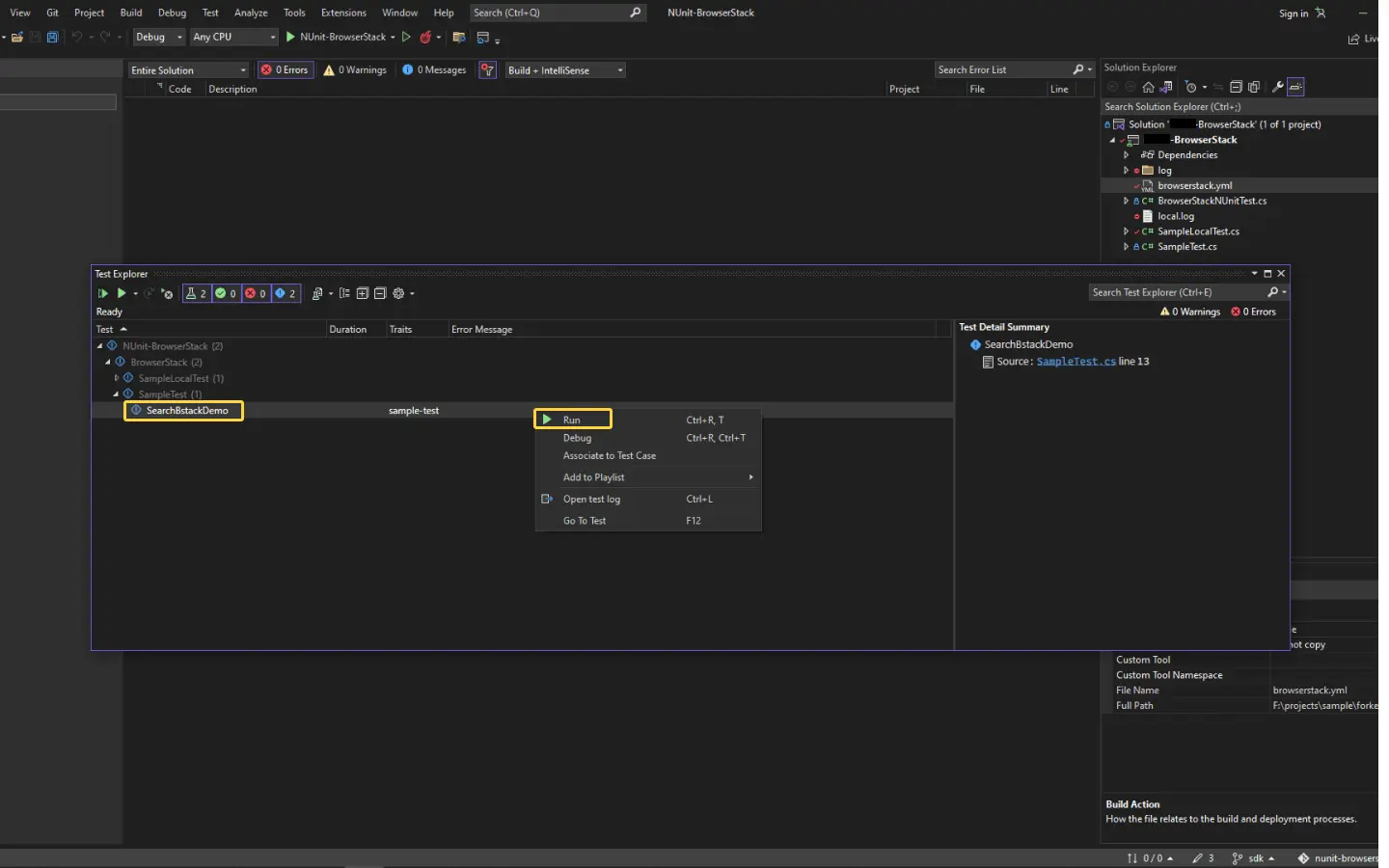 Run test suite using VS code