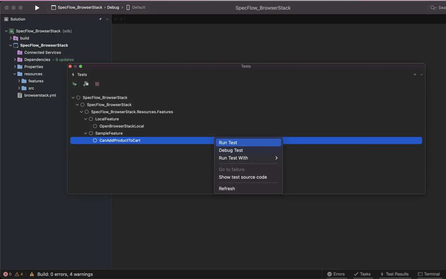 Run test suite using VS code