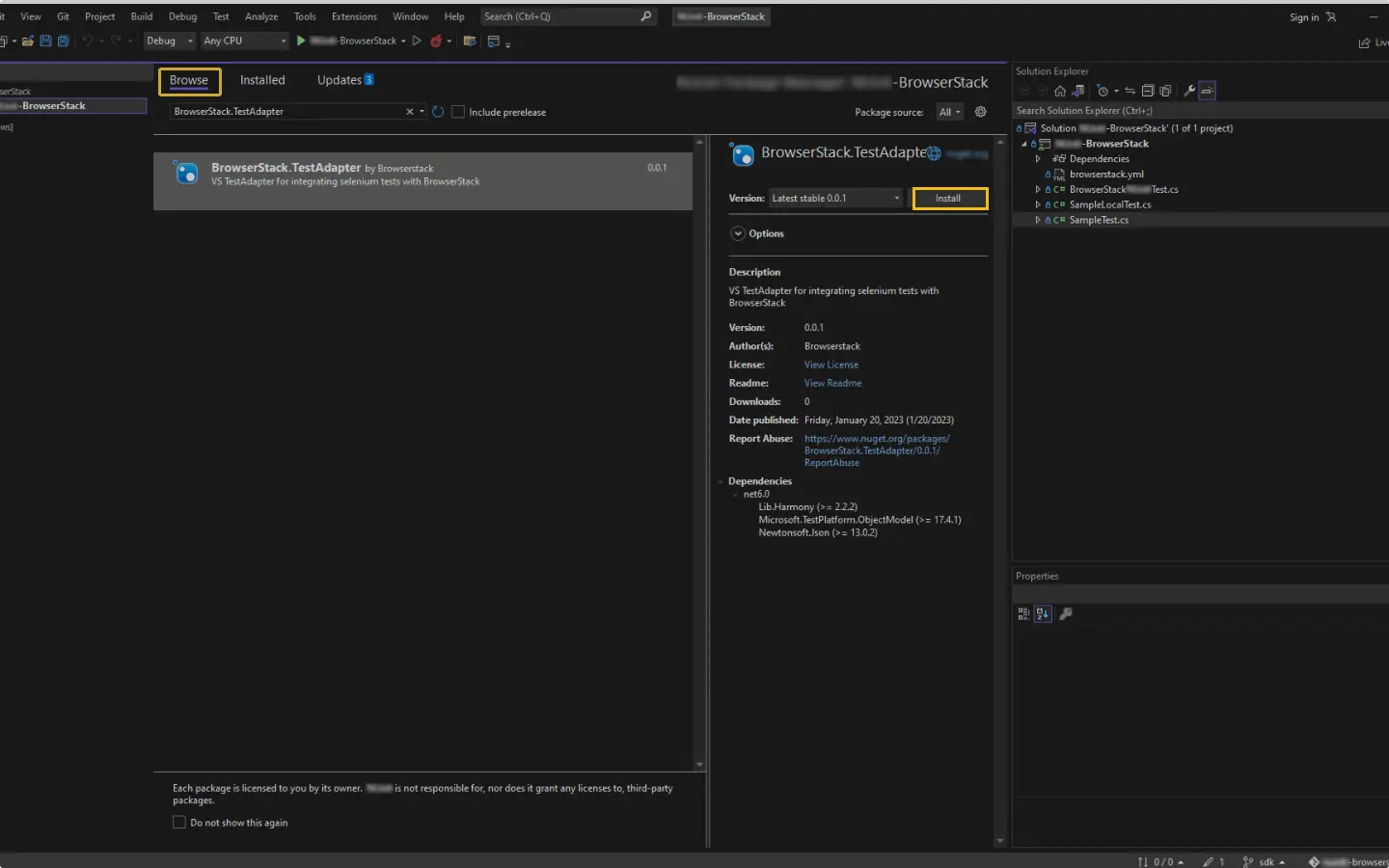 Install BrowserStack as NuGet