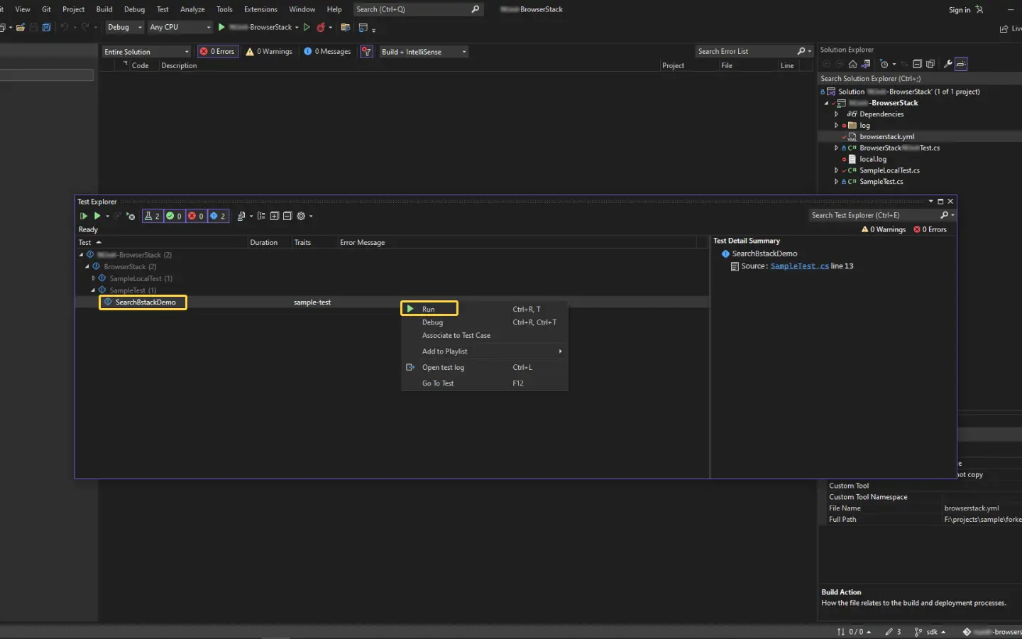 Run test suite using VS code