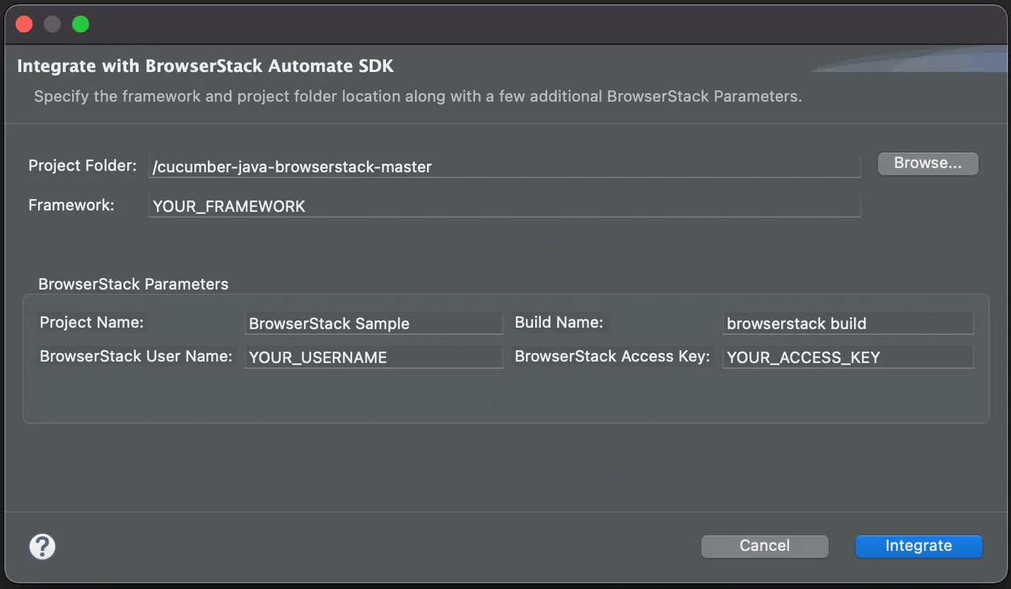 Screenshot showing the Integrate with BrowserStack SDK screen with parameters filled in
