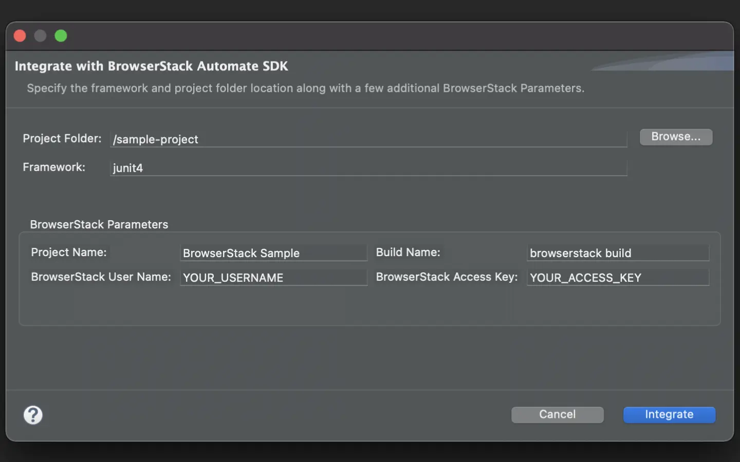 Screenshot showing the Integrate with BrowserStack SDK screen with parameters filled in
