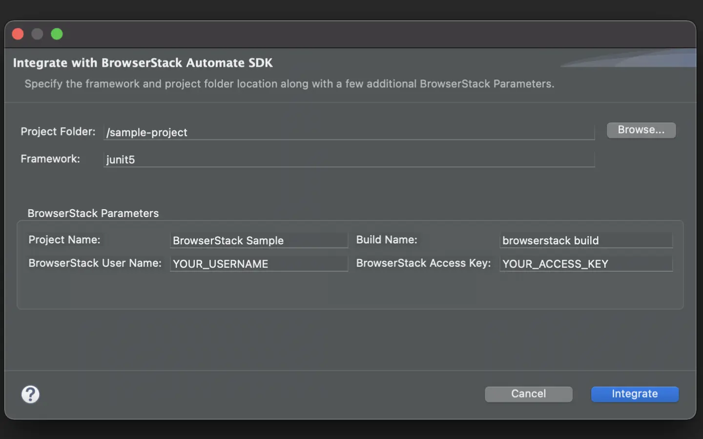 Screenshot showing the Integrate with BrowserStack SDK screen with parameters filled in