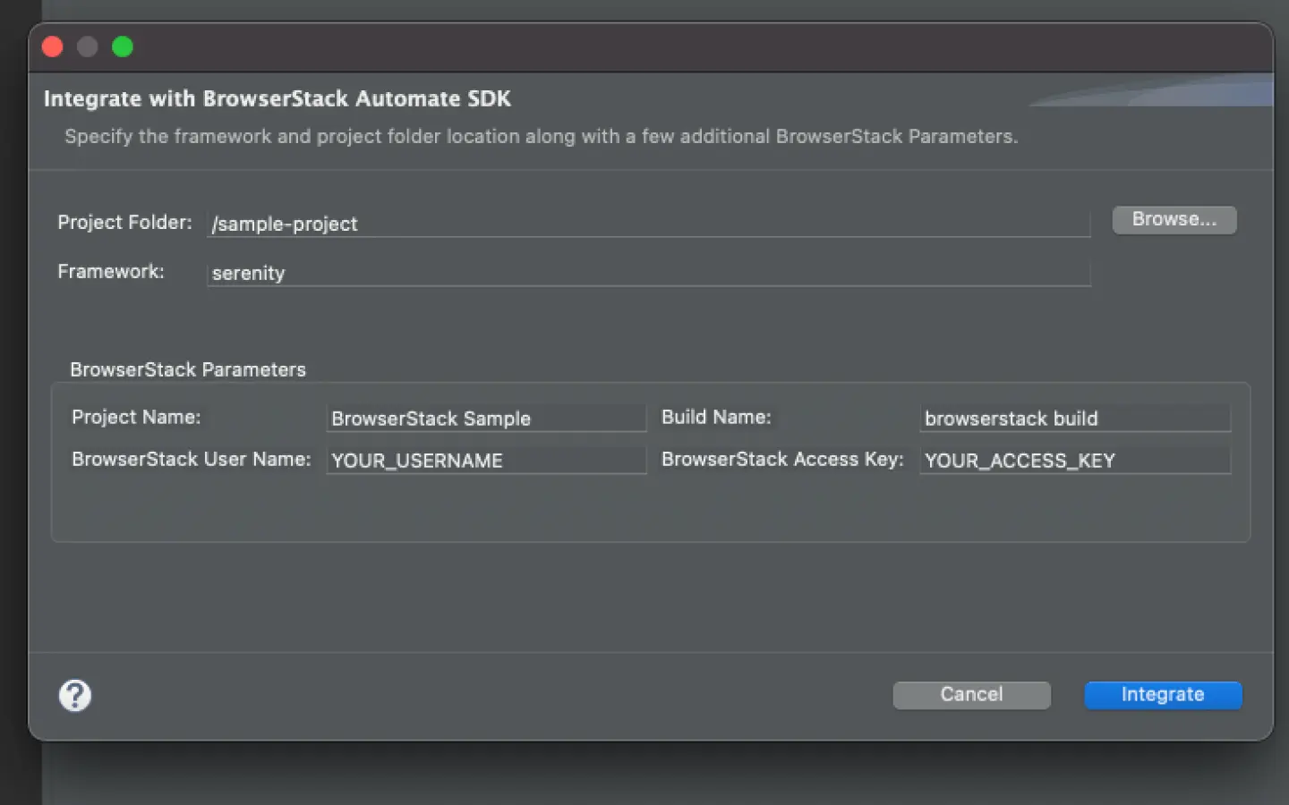Screenshot showing the Integrate with BrowserStack SDK screen with parameters filled in