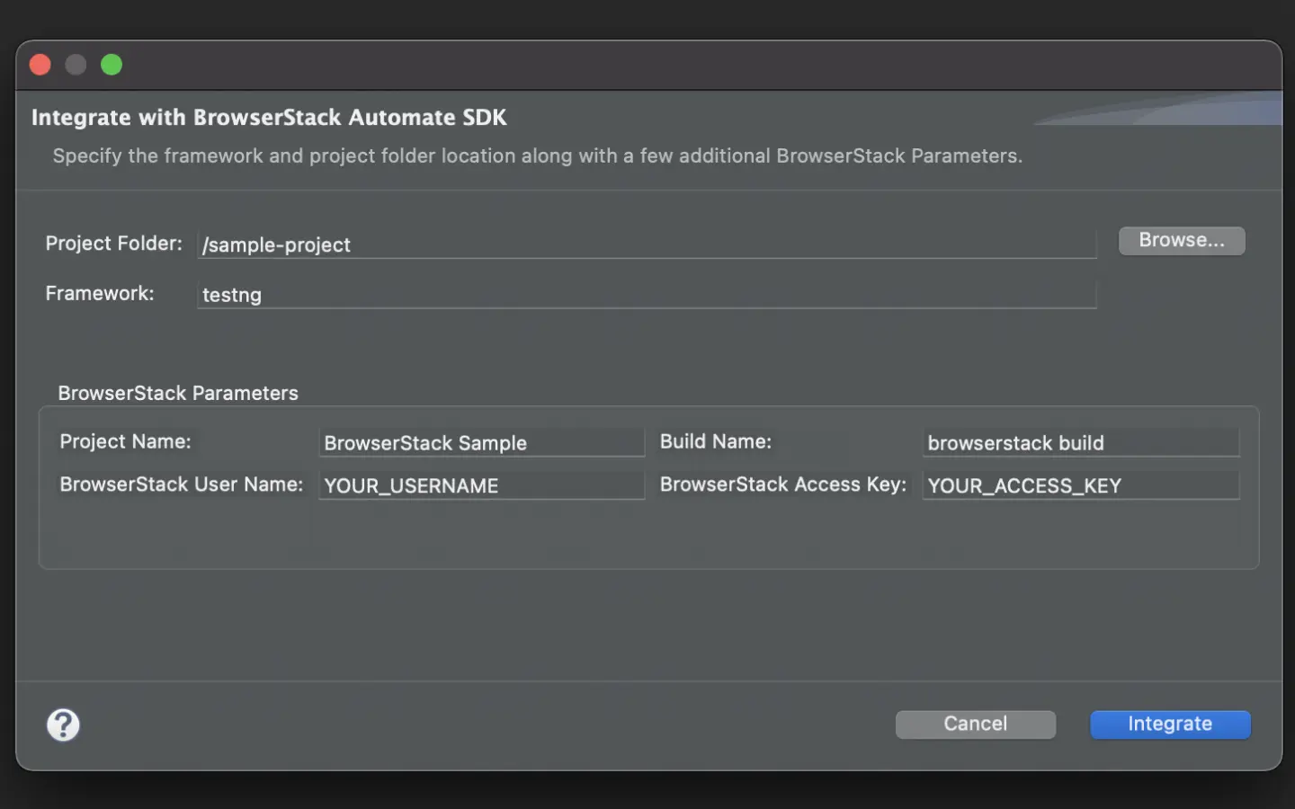 Screenshot showing the Integrate with BrowserStack SDK screen with parameters filled in