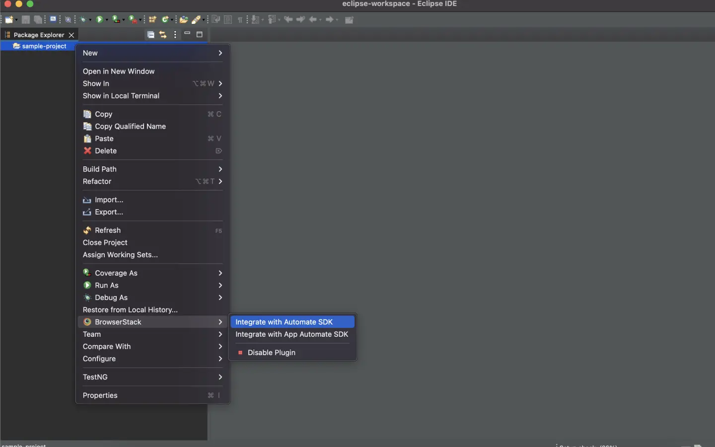 Screenshot showing the navigation from the project folder to BrowserStack to the Integrate with BrowserStack SDK option