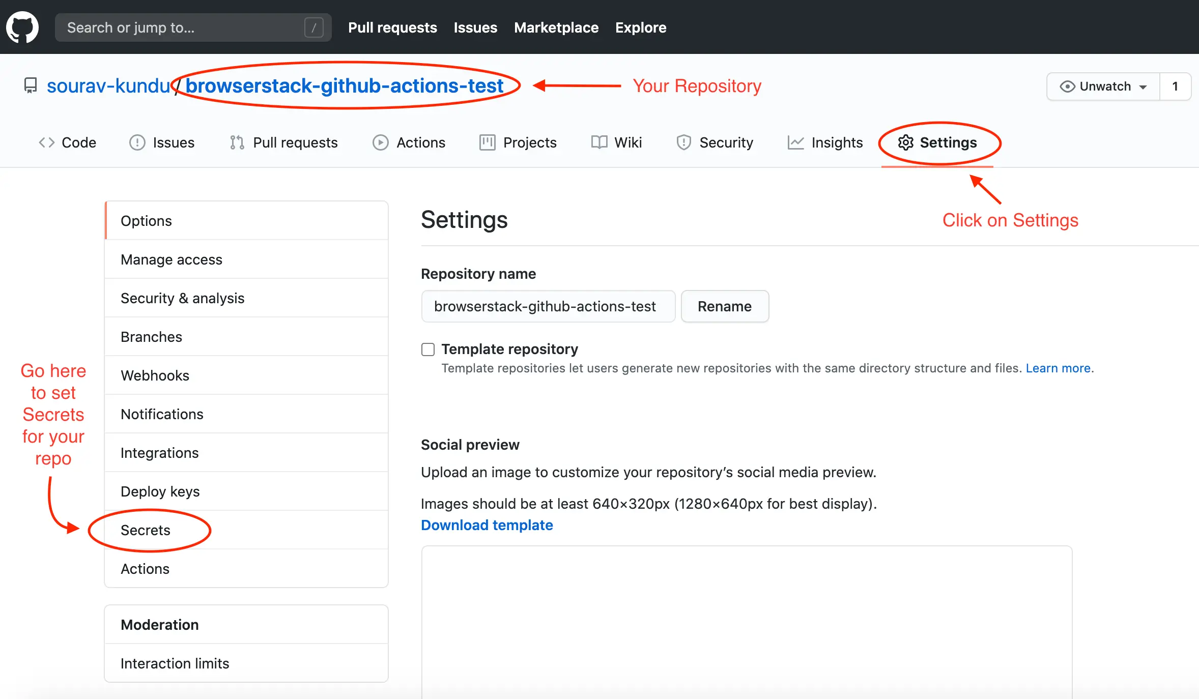 Go to Settings in your repository and click on Secrets option in the left-hand pane