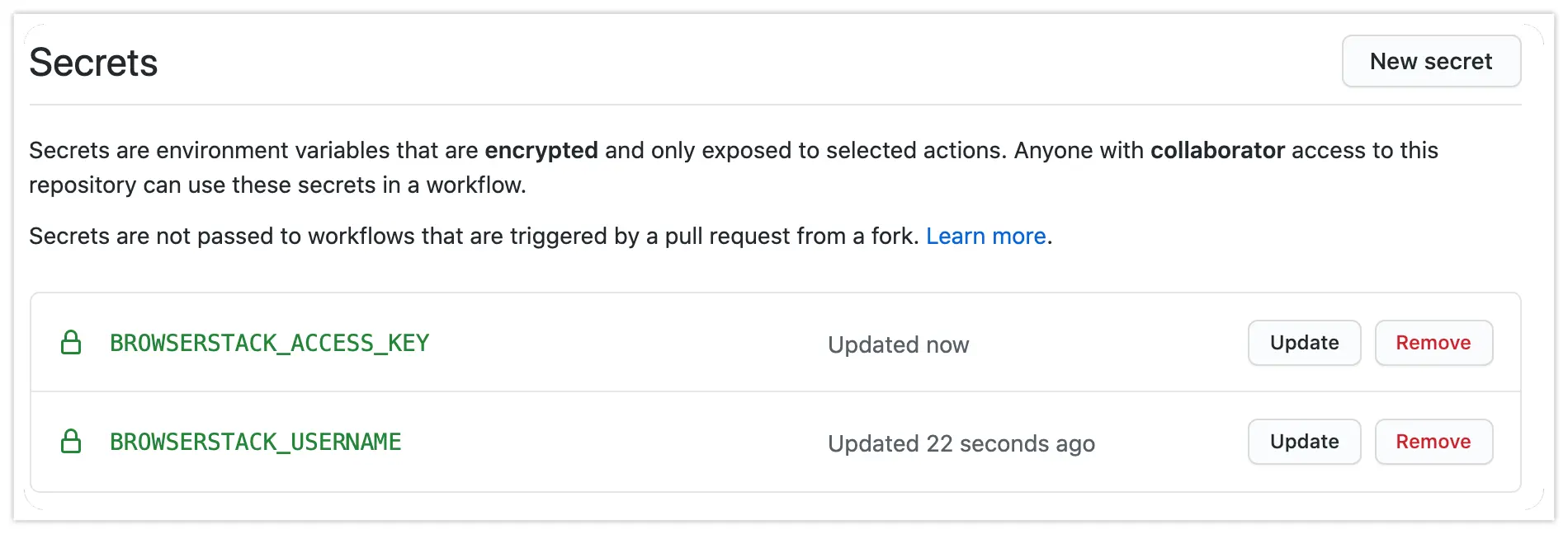 GitHub Actions Setting Secrets View