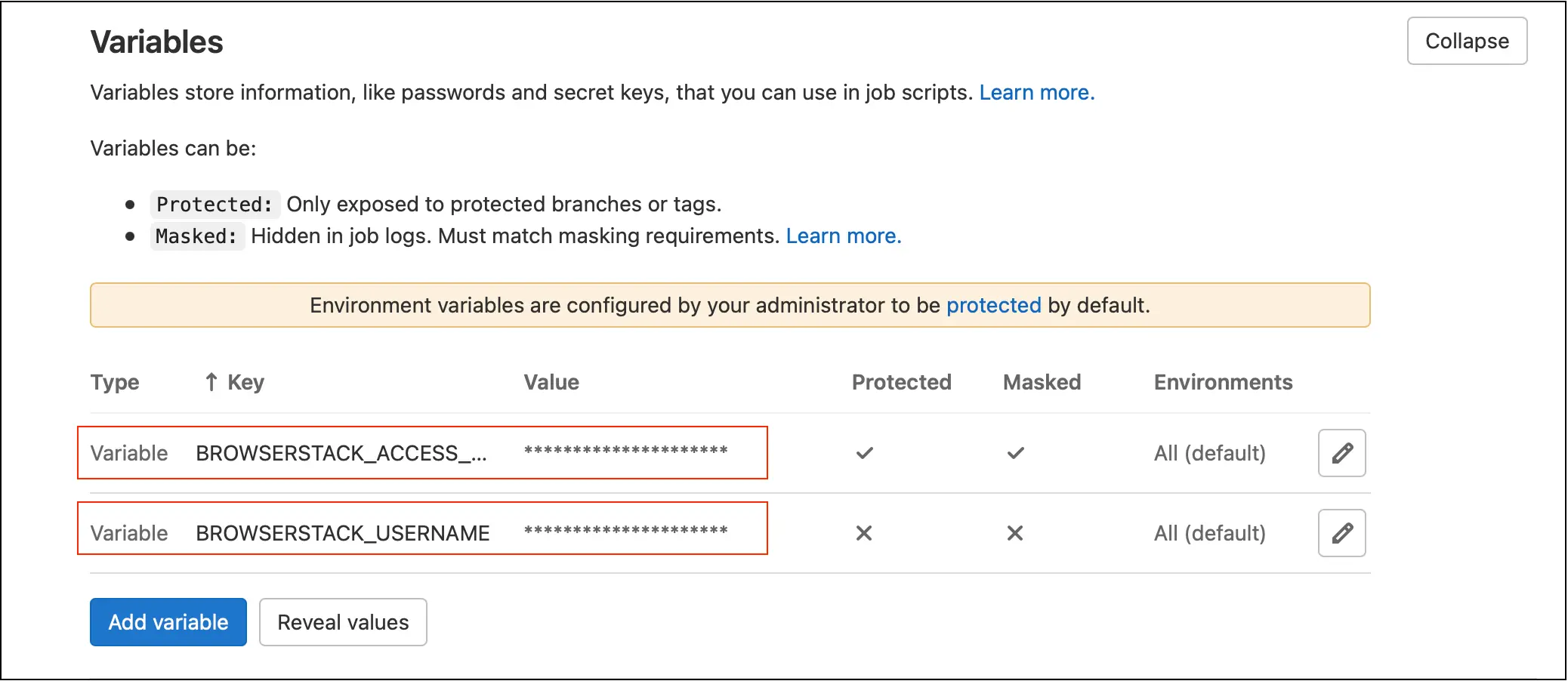 Set variables in GitLab CI/CD settings