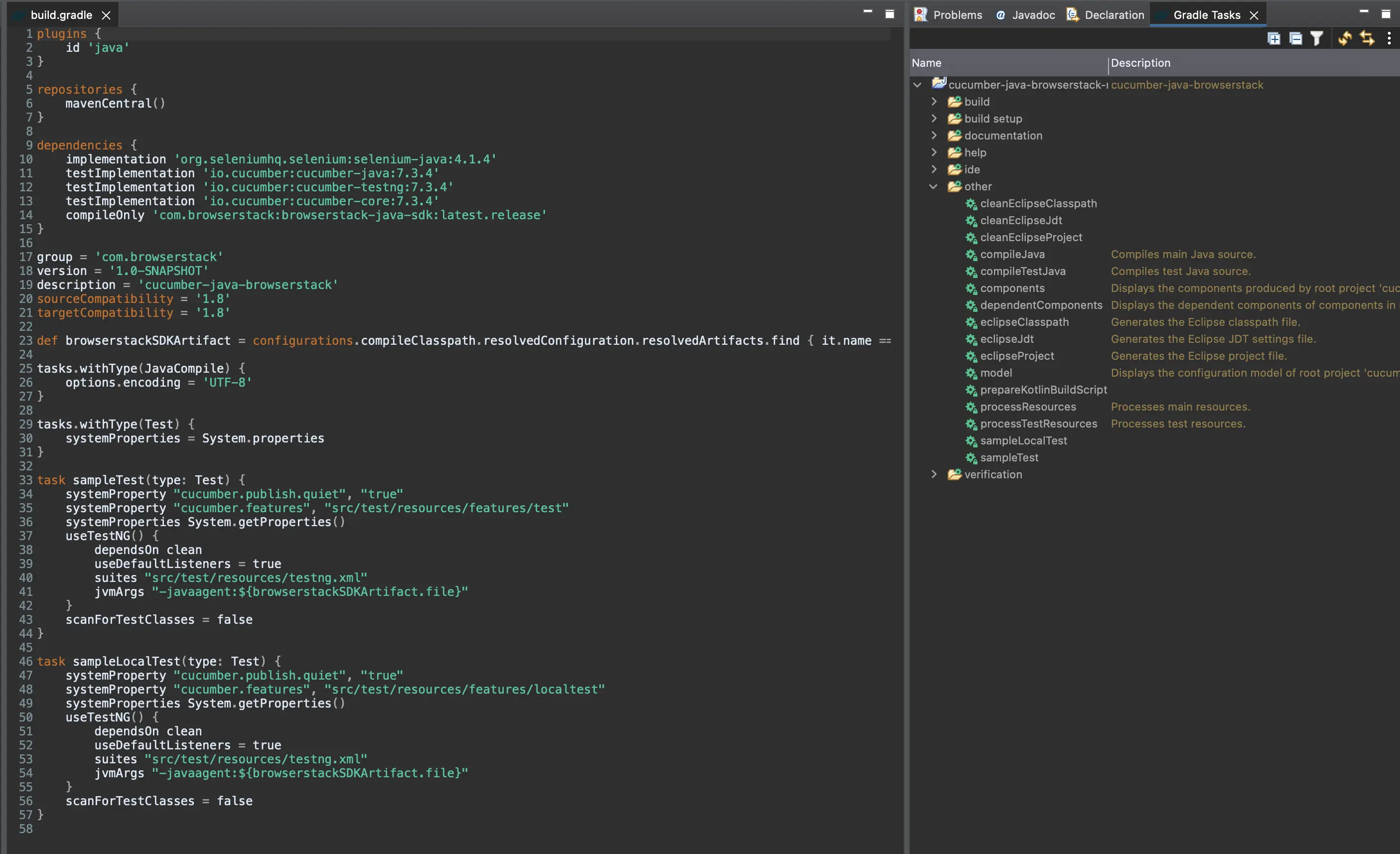 Screenshot showing the Gradle Window in the right corner of Eclipse IDE