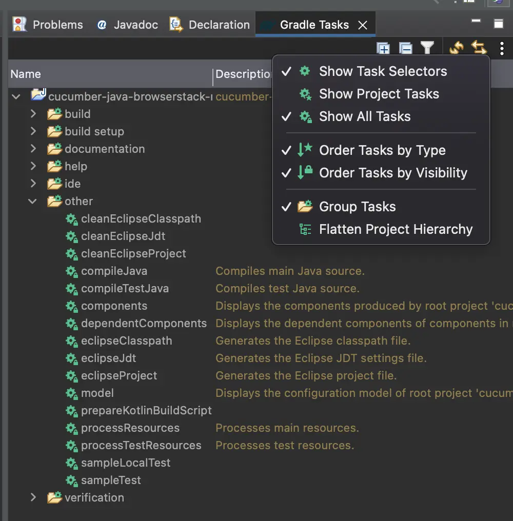 Image showing the Show All Tasks option from the Gradle Tasks menu