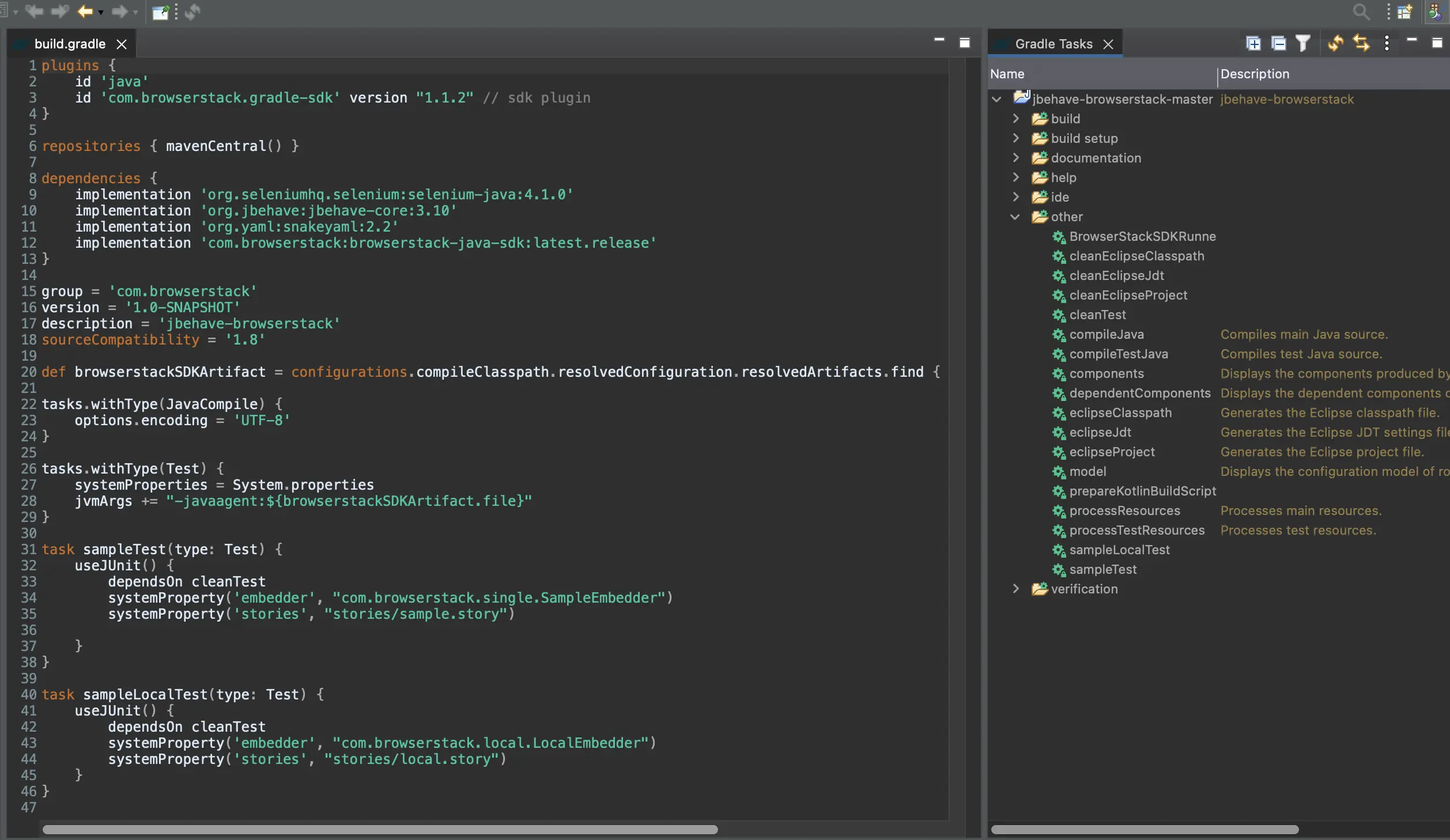 Screenshot showing the Gradle Window in the right corner of Eclipse IDE