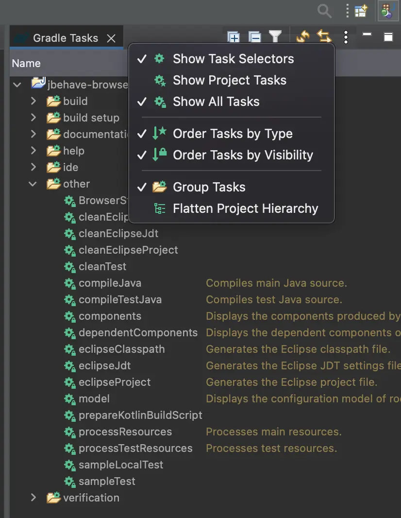 Image showing the Show All Tasks option from the Gradle Tasks menu