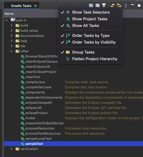 Image showing the Show All Tasks option from the Gradle Tasks menu