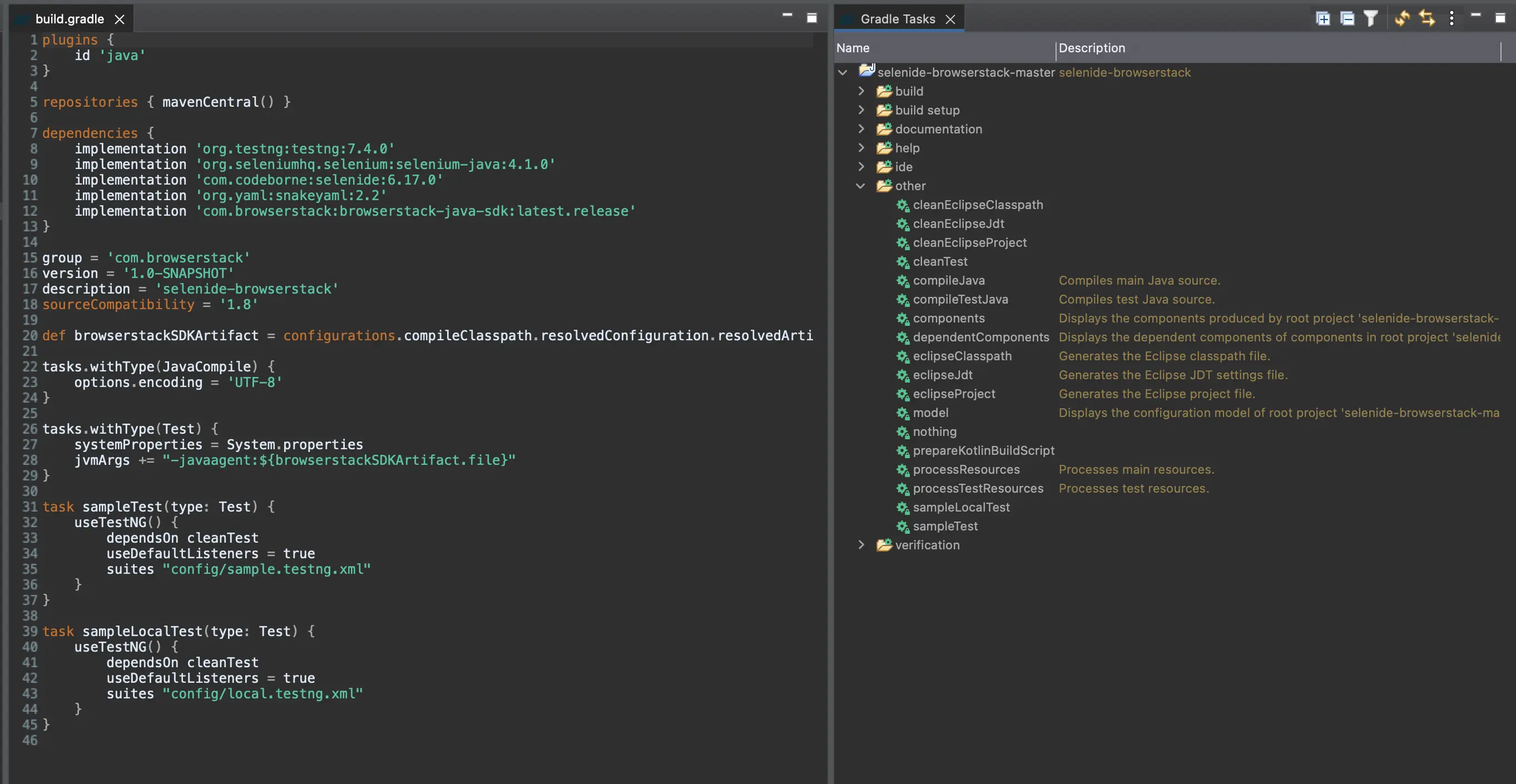 Screenshot showing the Gradle Window in the right corner of Eclipse IDE