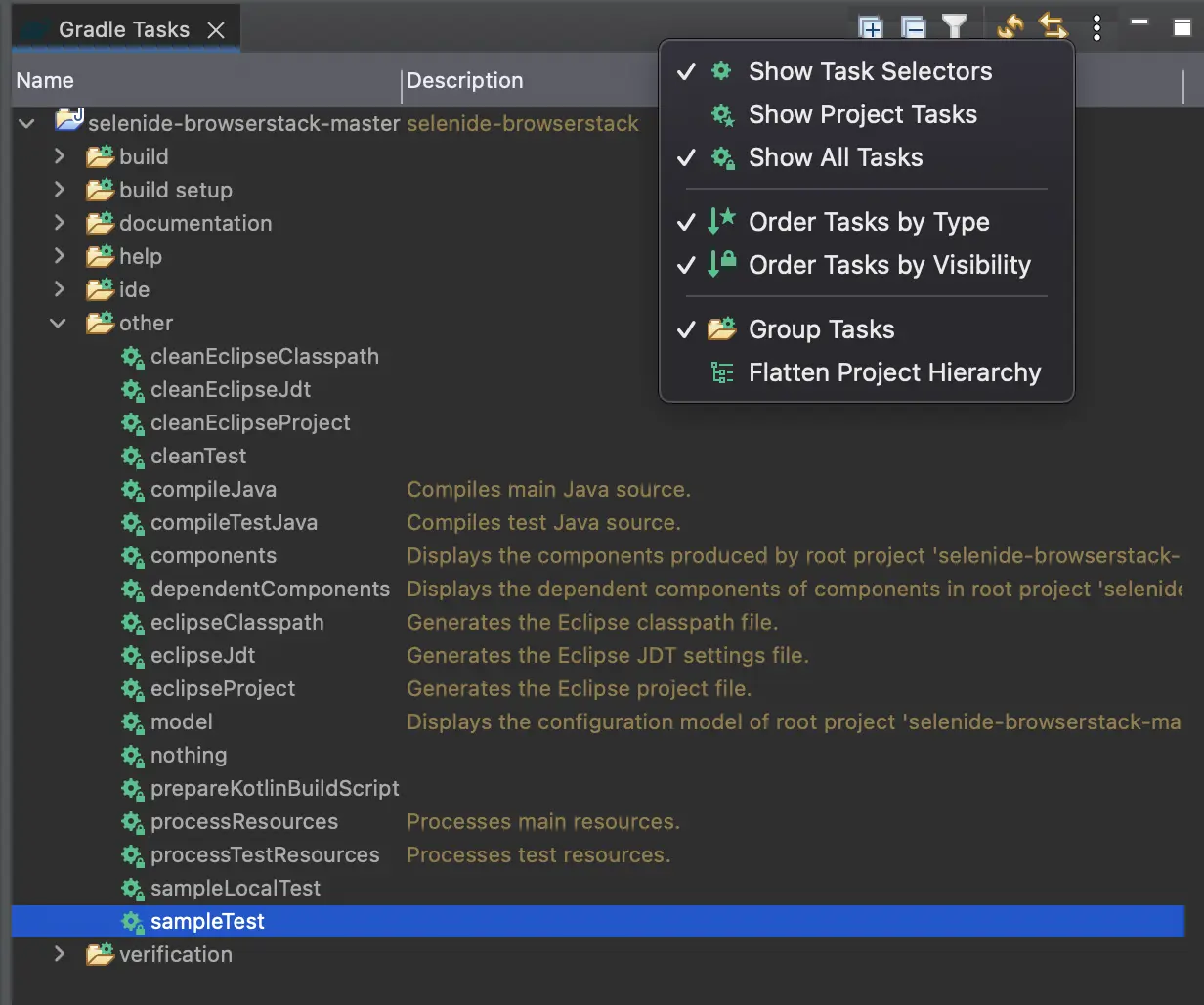 Image showing the Show All Tasks option from the Gradle Tasks menu