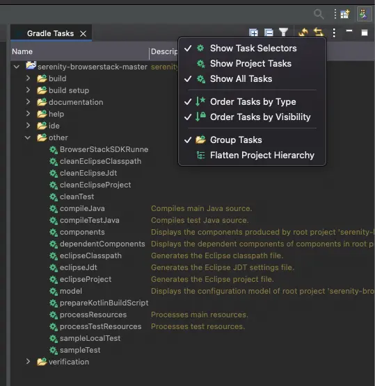 Image showing the Show All Tasks option from the Gradle Tasks menu