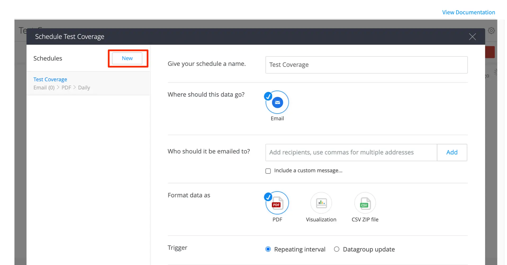 Image for creating a new schedule in test insights