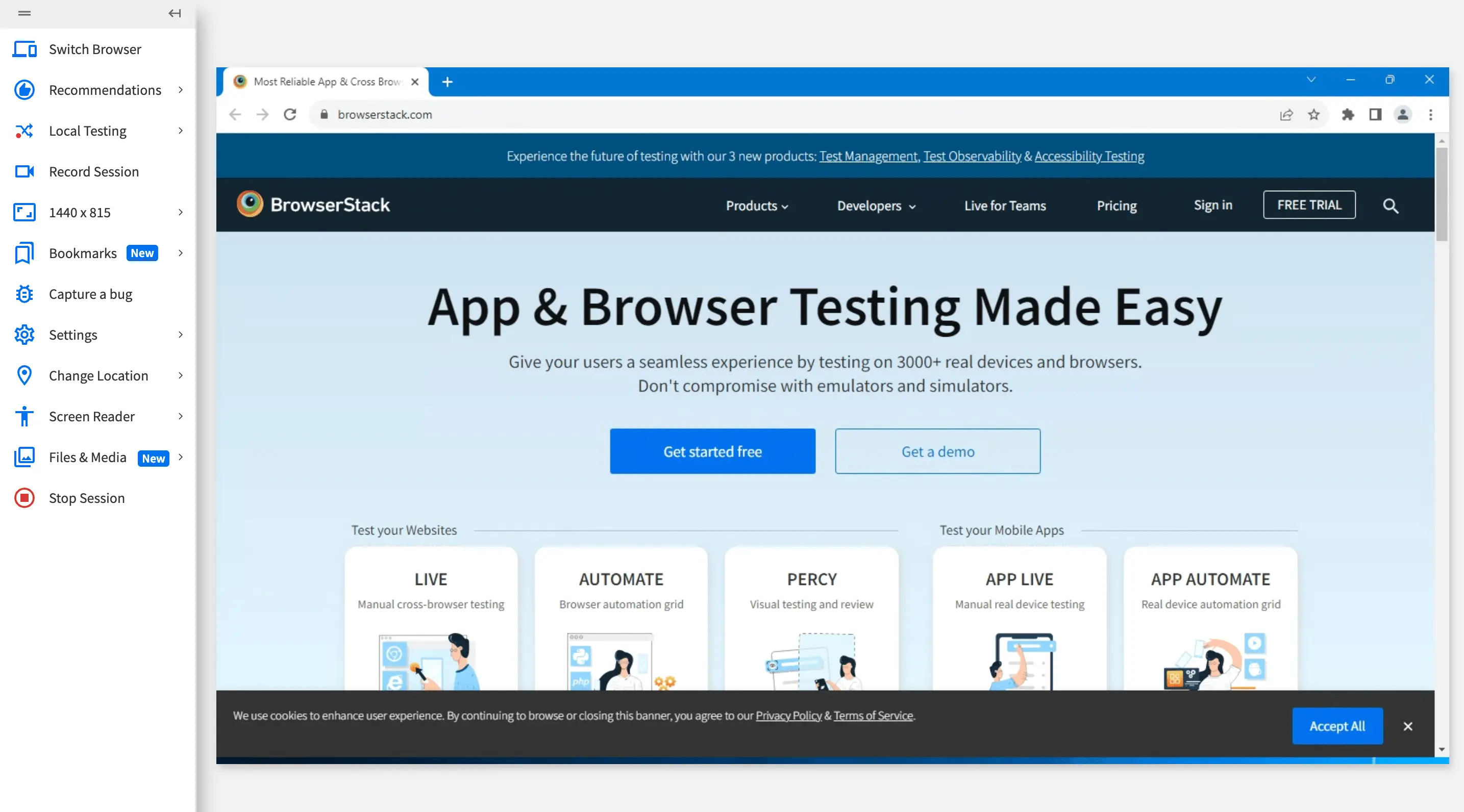 Testing dashboard for desktops