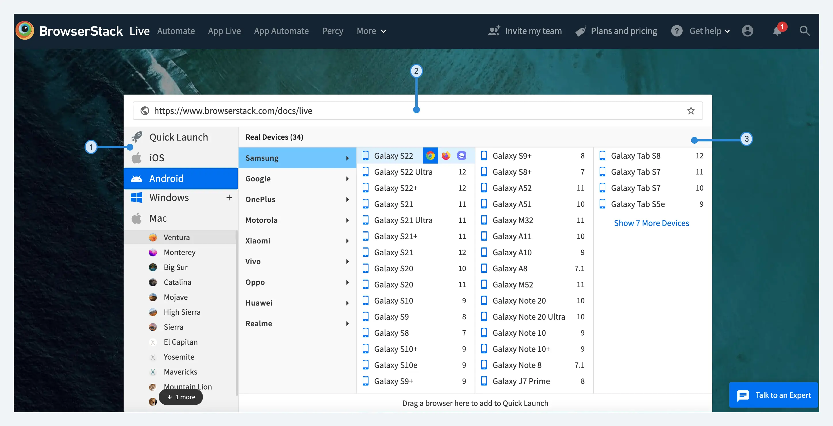 Live dashboard view for BrowserStack real mobile devices