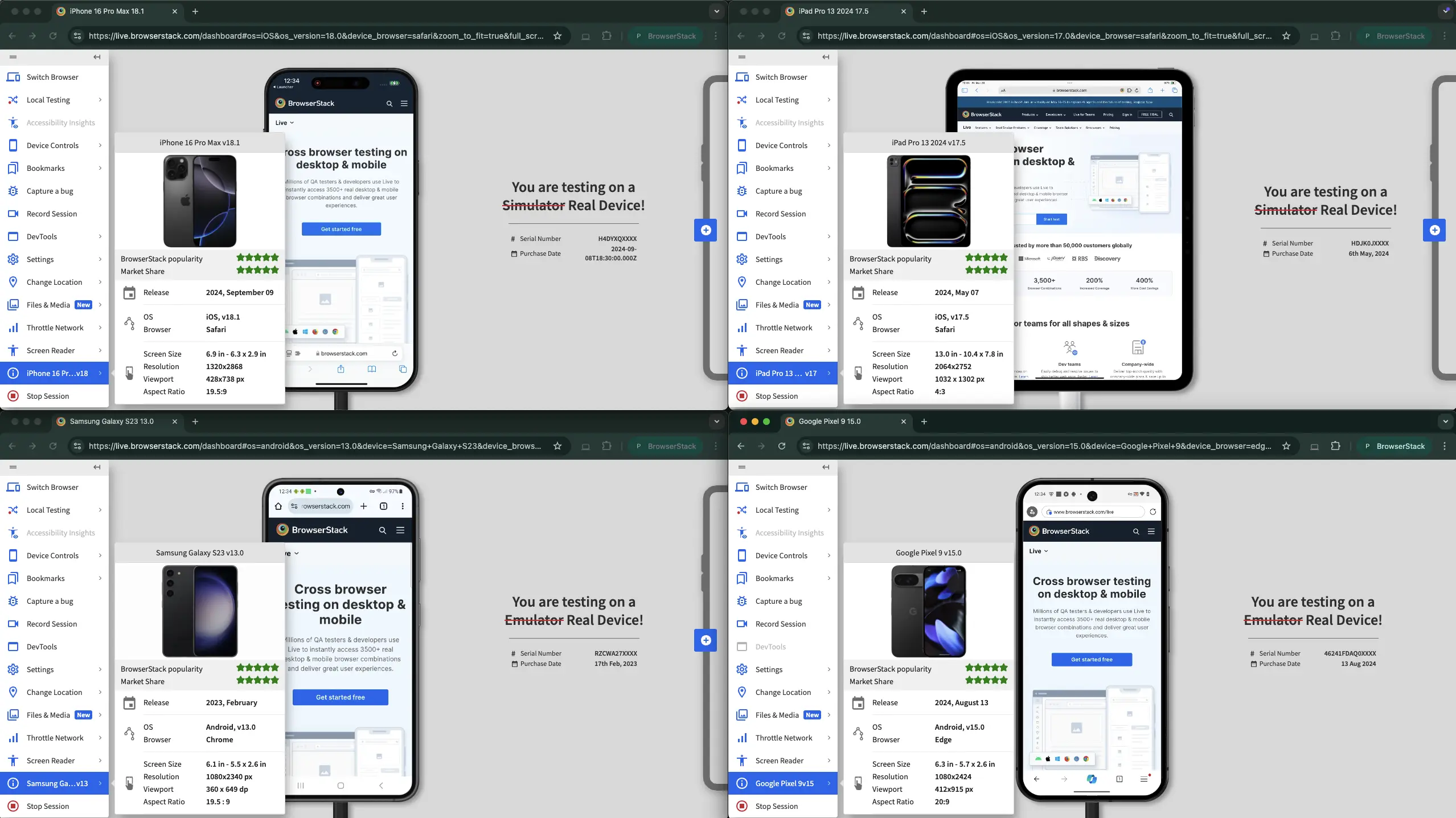 Four tabs each with an independent Live session with a real device.