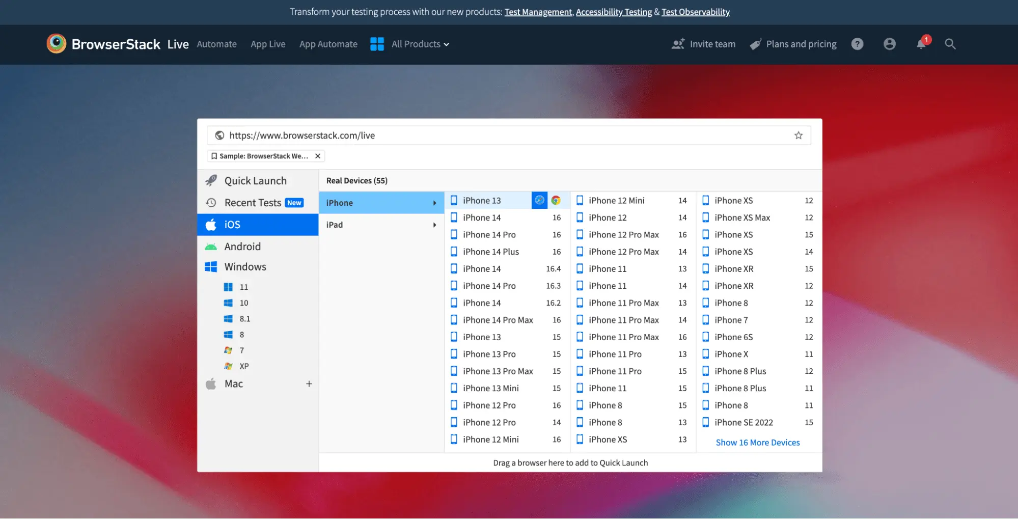 BrowserStack Live device-browser selection window.