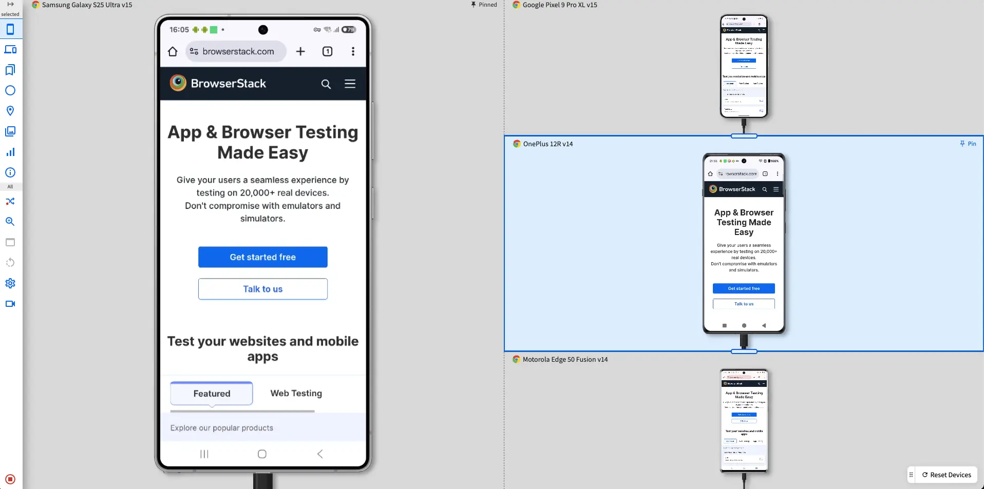 The dashboard with 1 pinned device and 3 unpinned devices in a stacked layout resized to varying sizes.