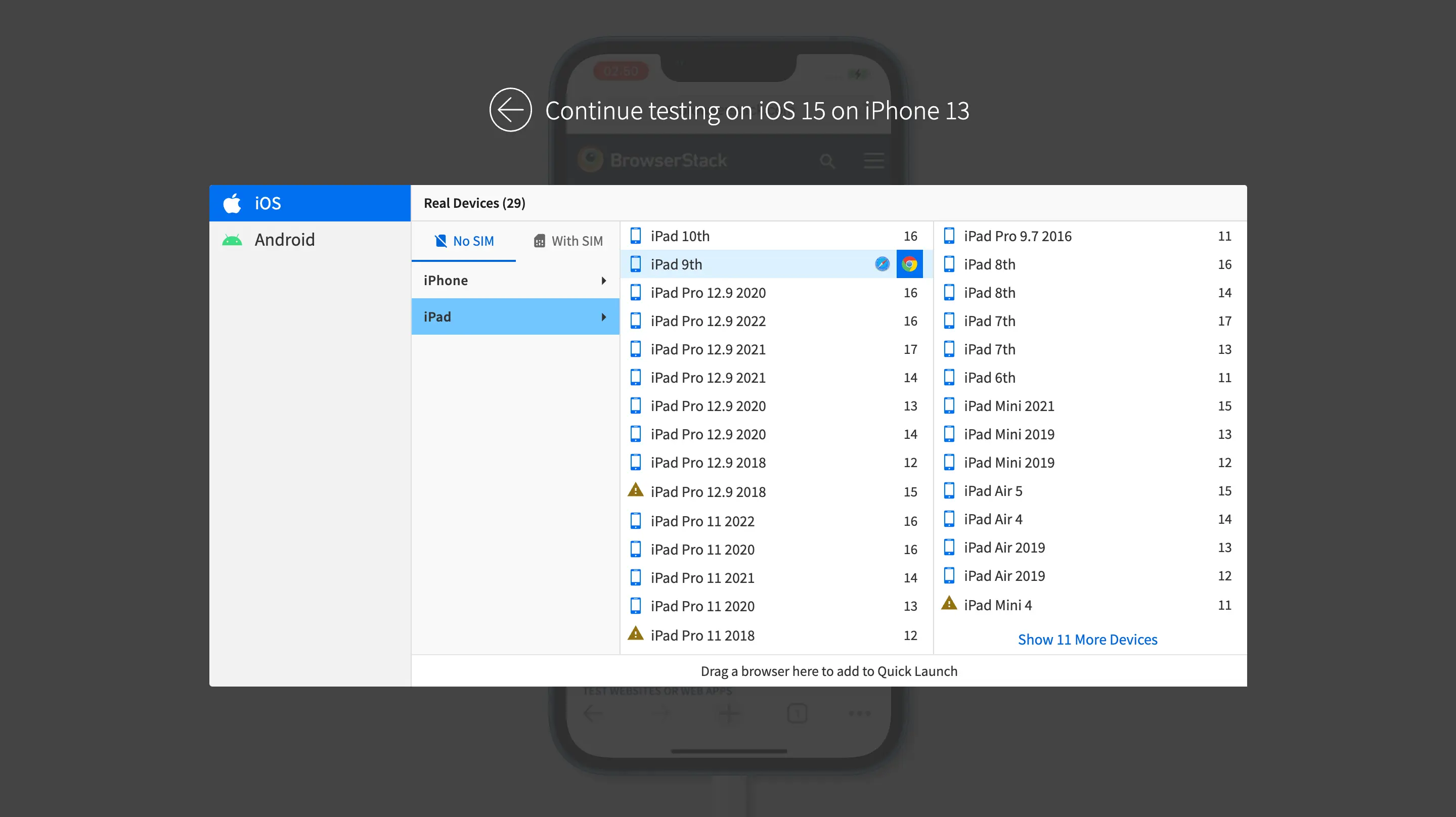 Select another Device-browser combination