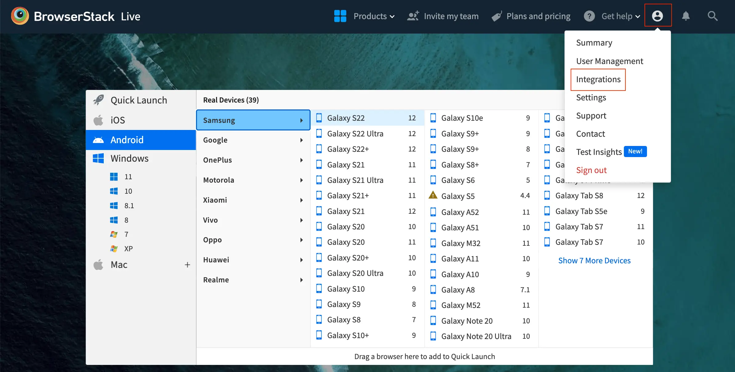 Select Integrations from the Profile menu