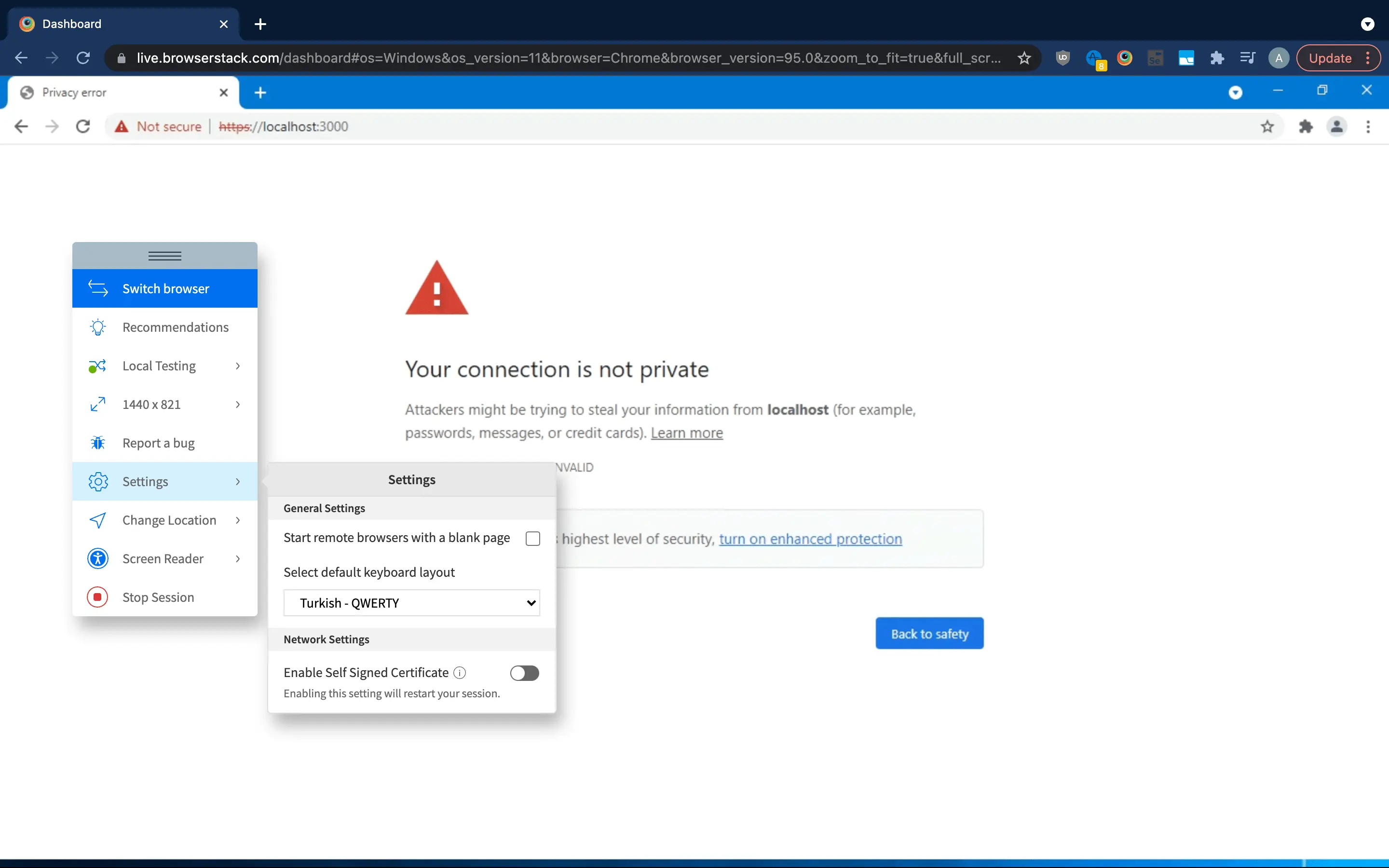 Accessing Self-Signed Certificate toggle button from in-session toolbar
