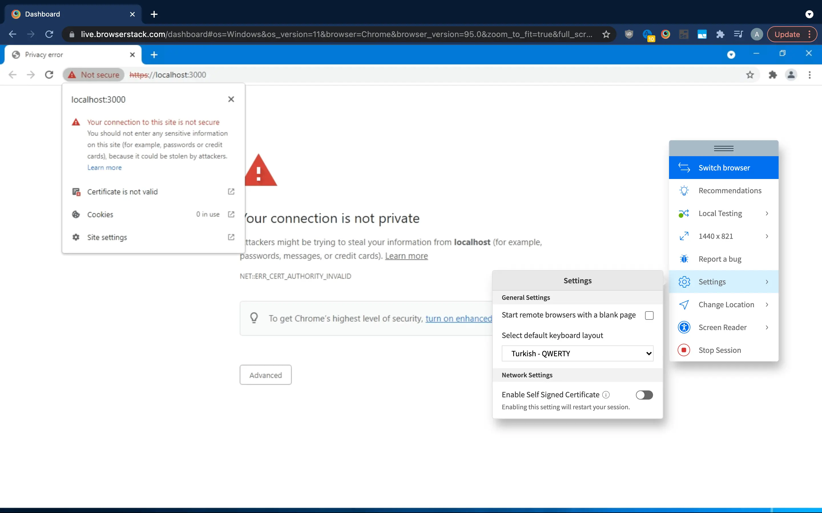 Details on why site is not secure by the browser