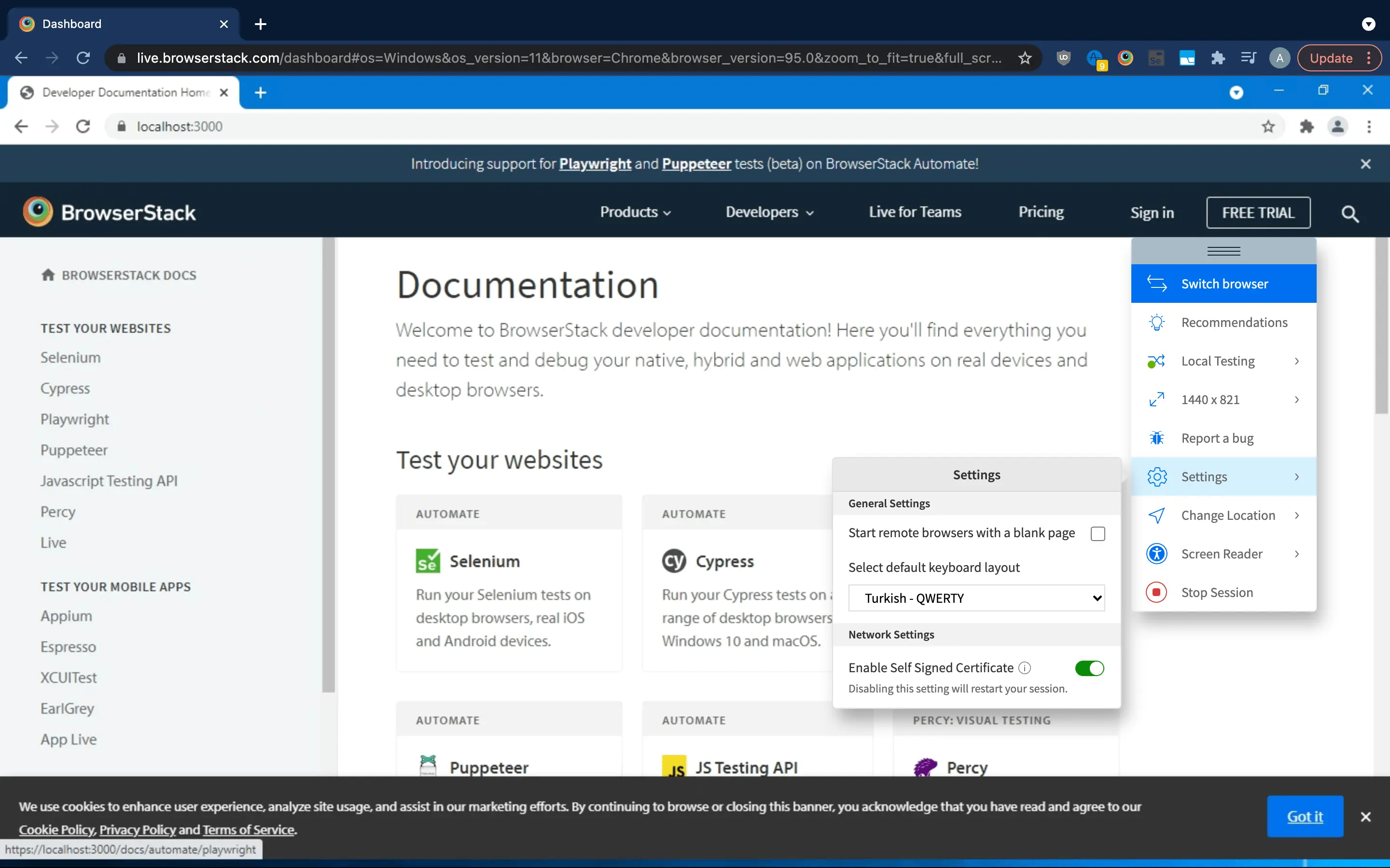 Restarting the session by toggling the Self-Signed Certificate feature