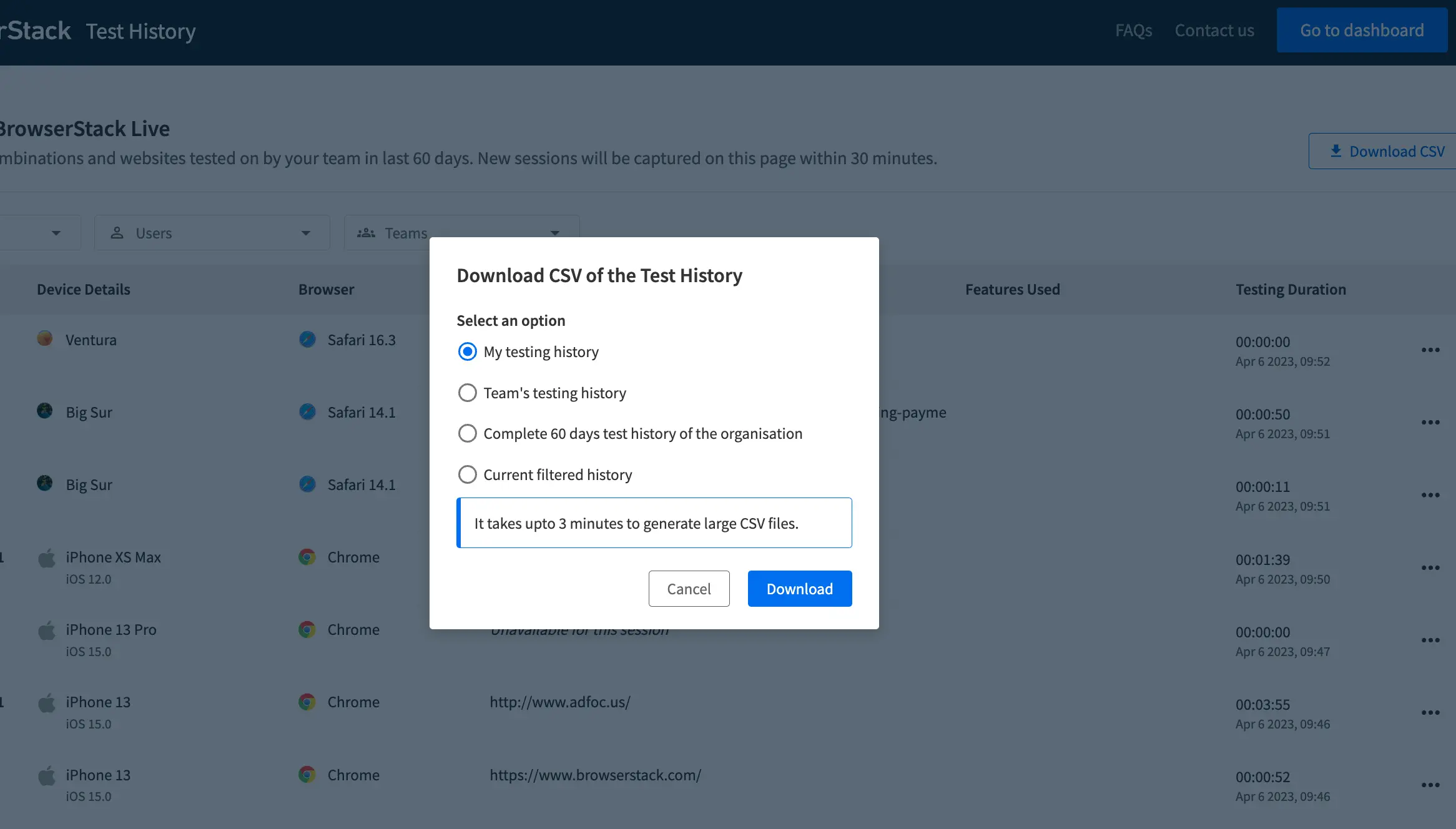 Download CSV file of session history
