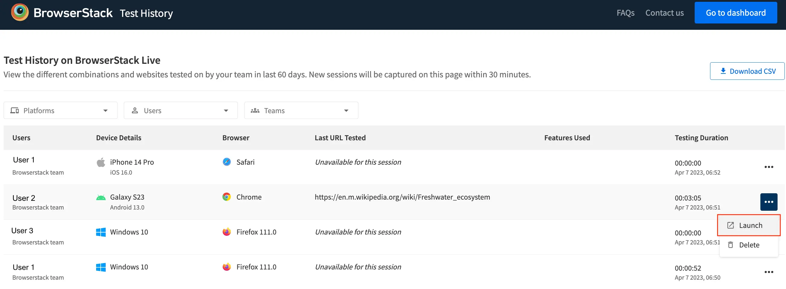 Click Launch to launch test session