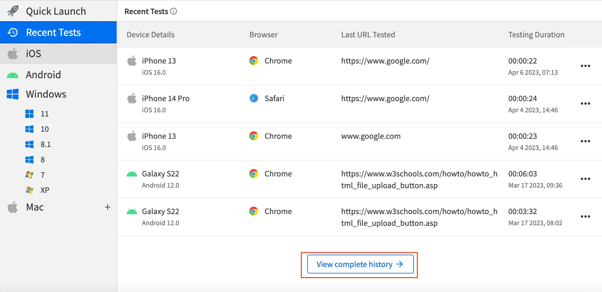 Test history dashboard