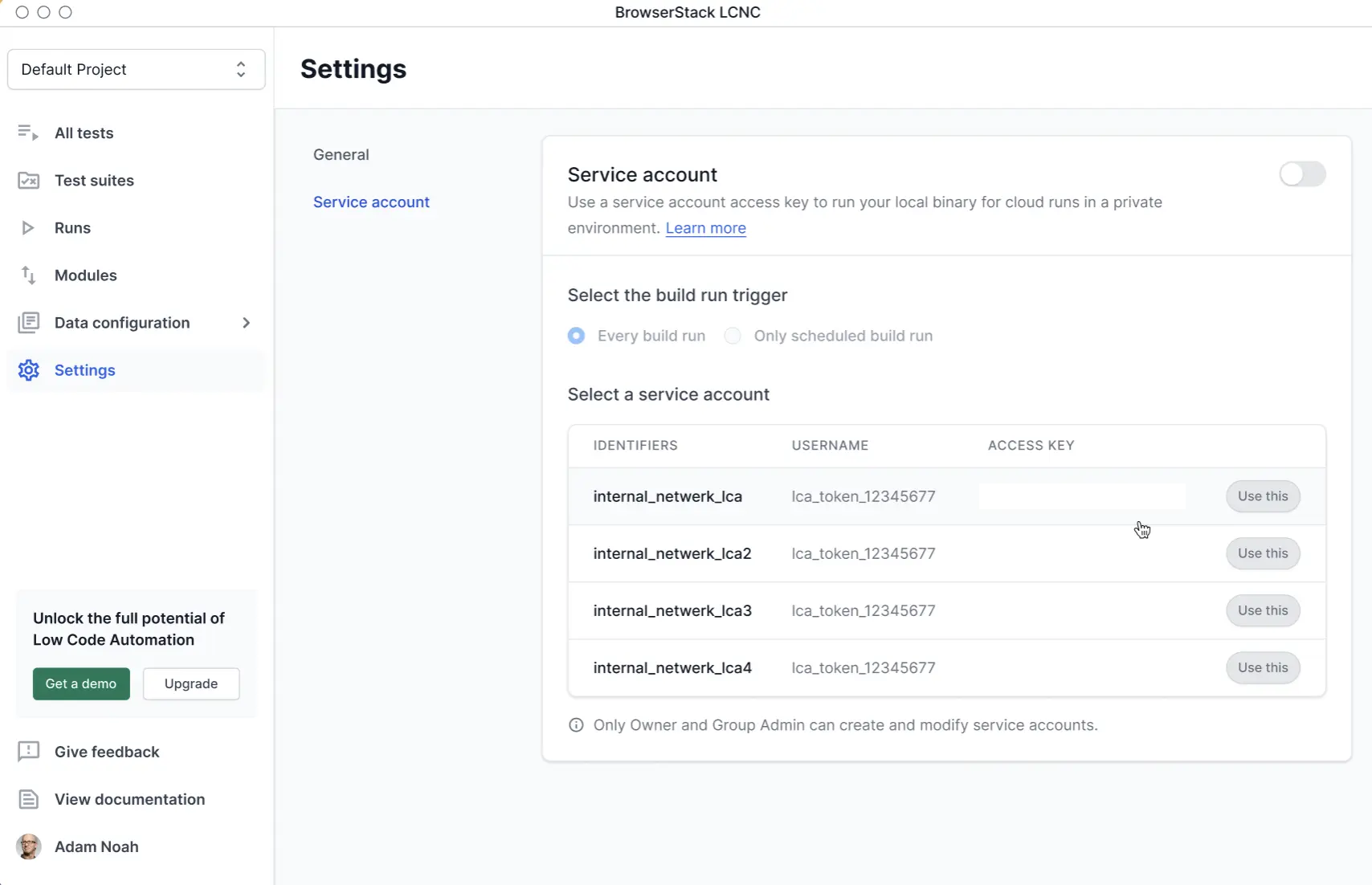 Service accounts page