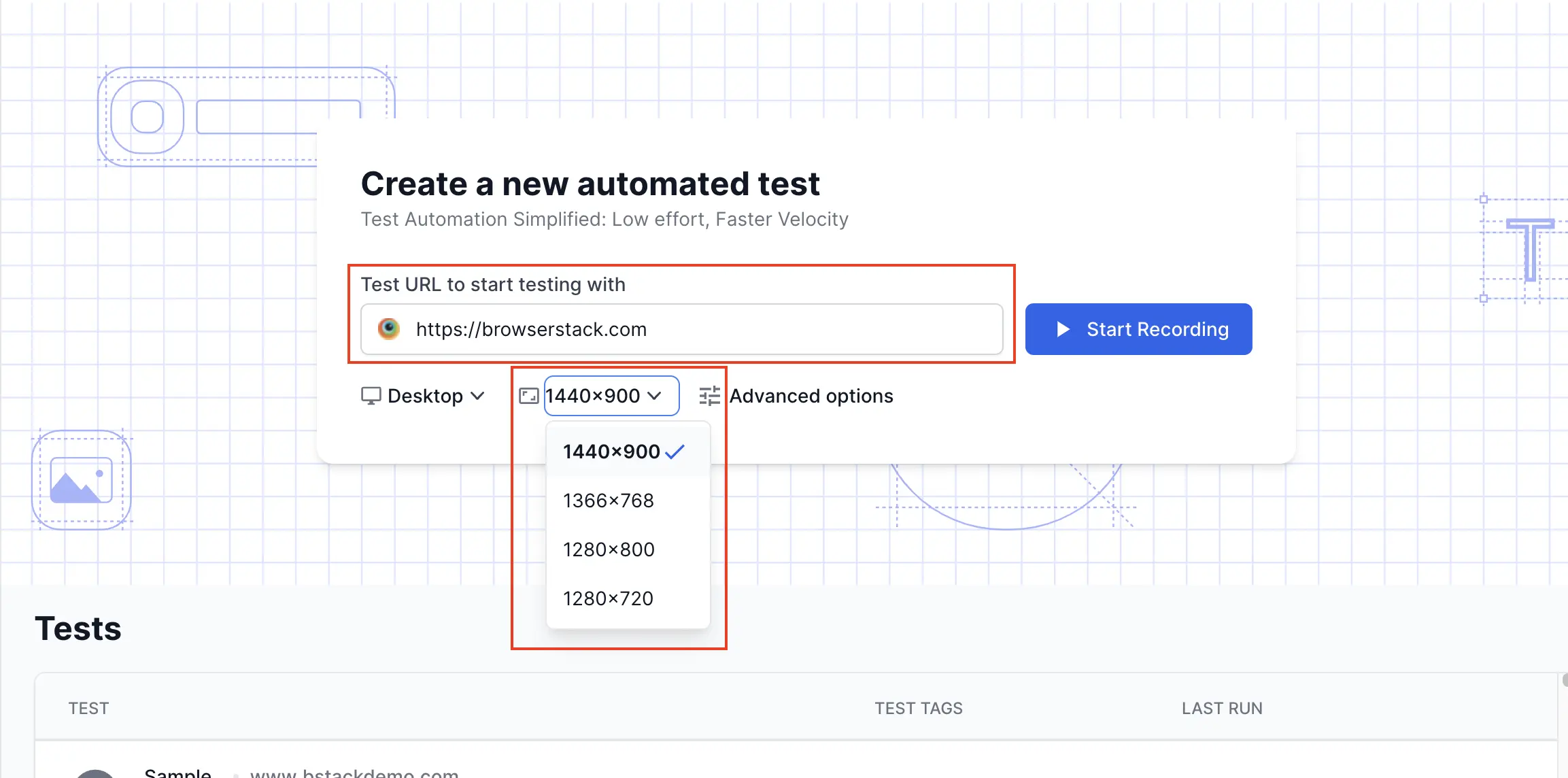 Resolution dropdown and the url field