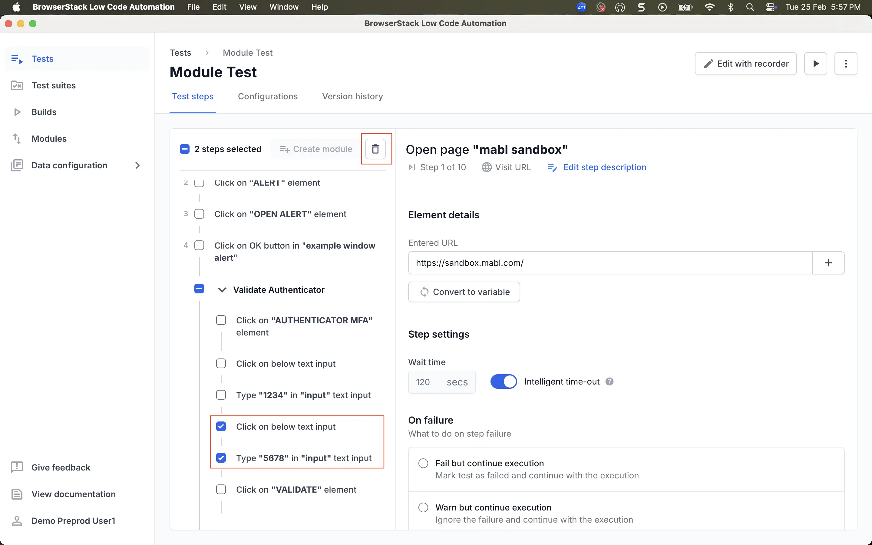 Delete a step in a module