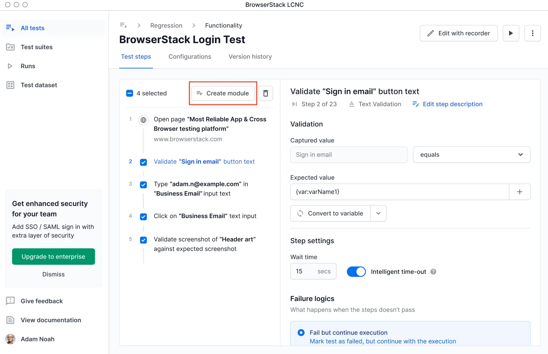 A sample test with the Create modules button highlighted