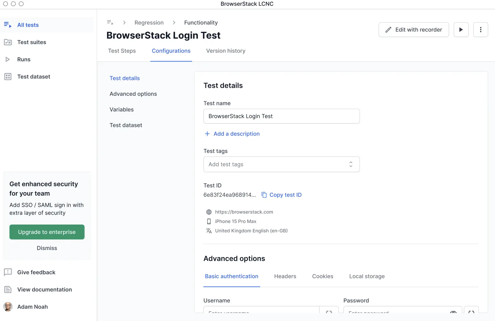 The Configurations tab of a sample test