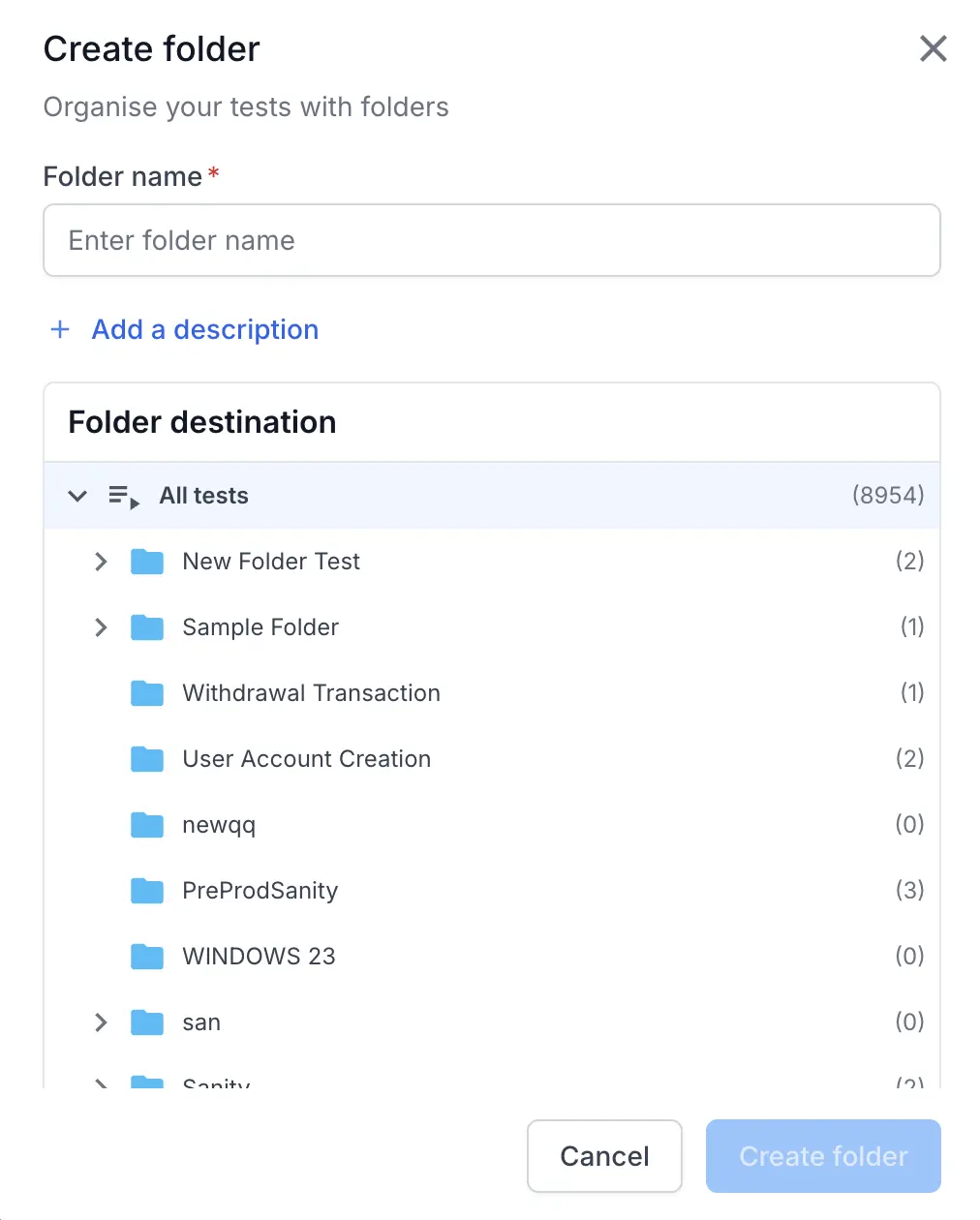 Enter folder name, description, and select folder path