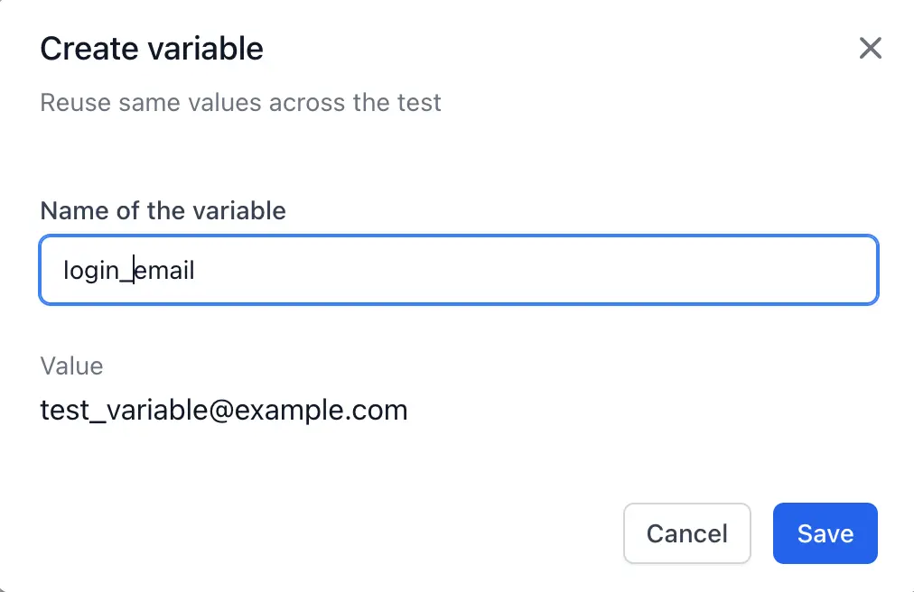 The create variable pop-up with a sample name set for this variable