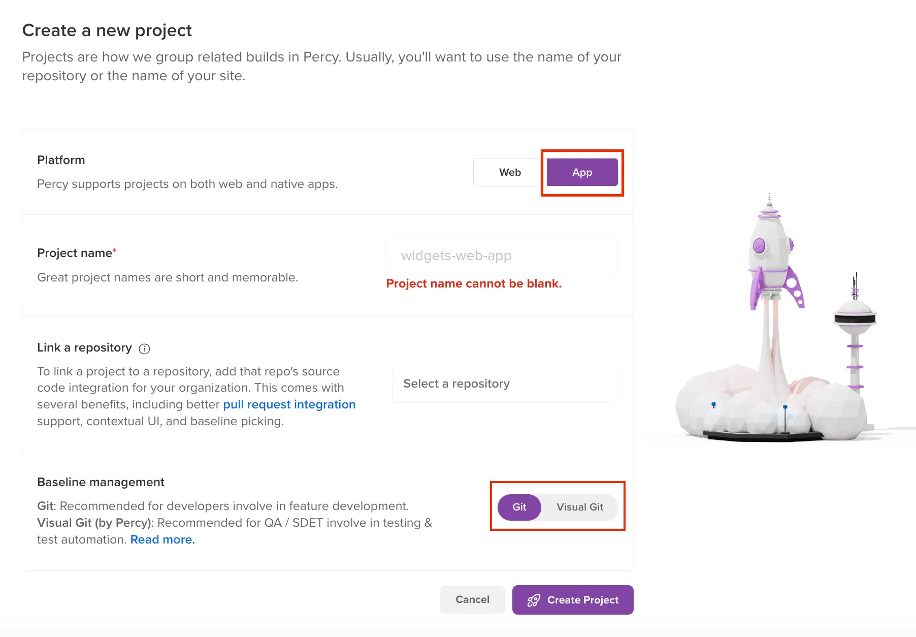Screenshot of the Create new project section