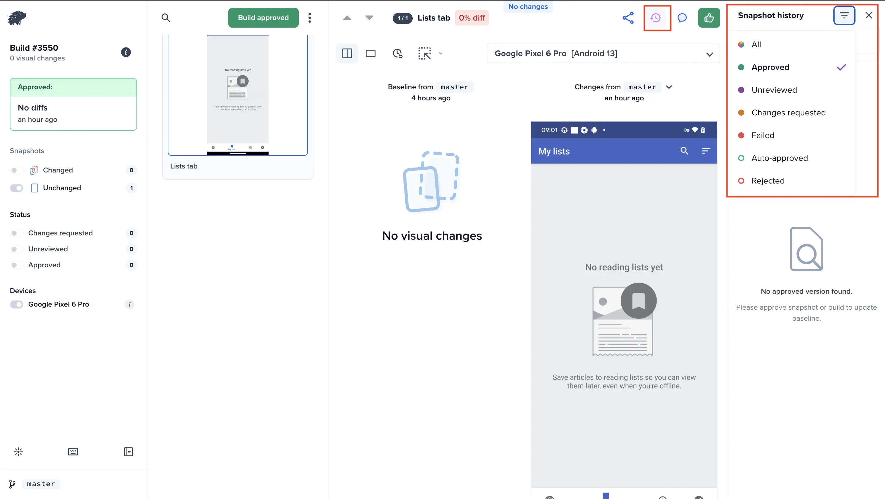 Snapshot history filter options