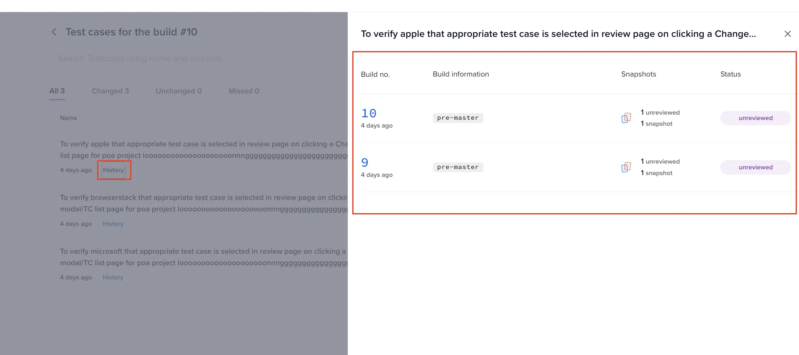 Test case history