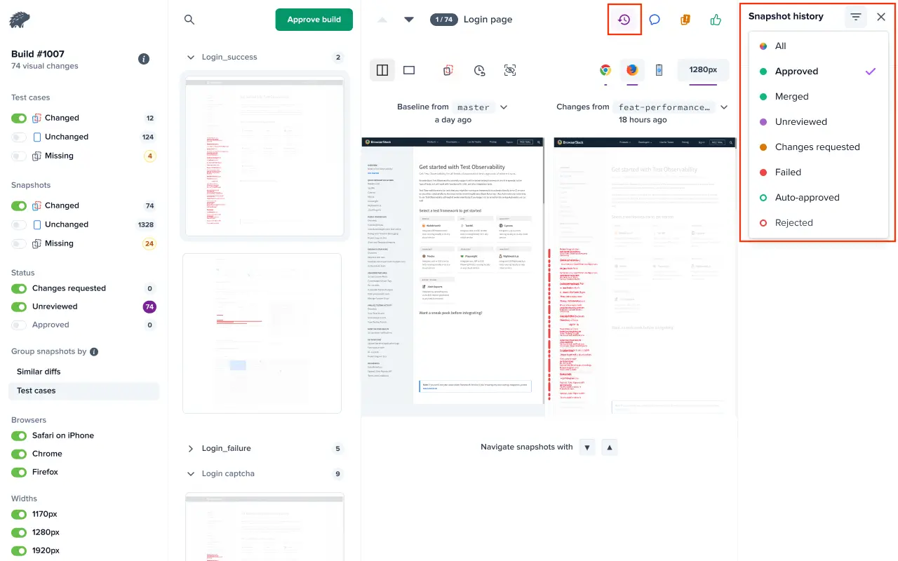 Snapshot history filter options