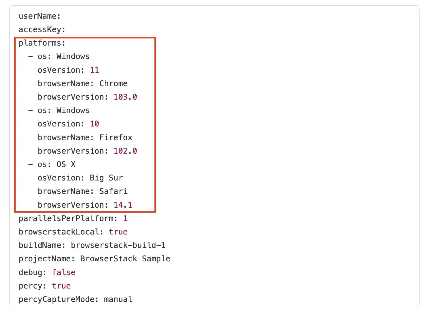 The BrowserStack configuration file highlighting the platforms section